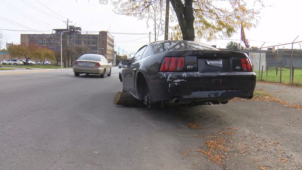 FILE PHOTO: A Ford Mustang, stripped of its wheels, sits on logs.