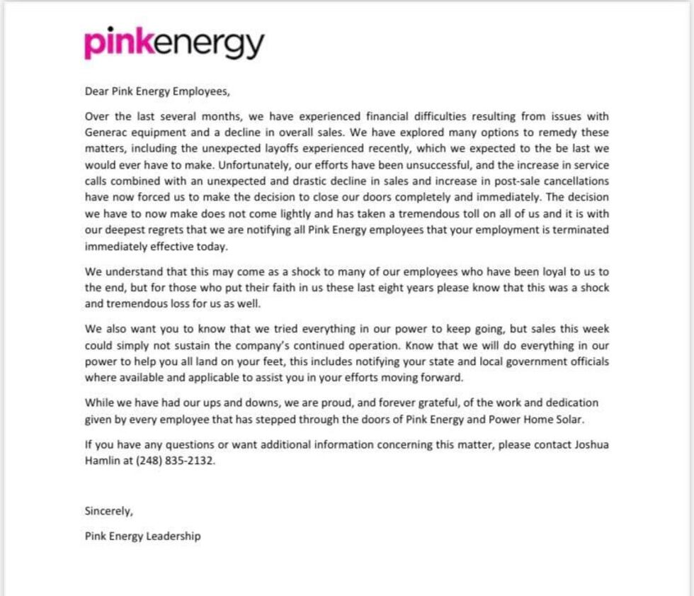 PinkEnergy announced in an email to employees that it was laying off all its employees and...