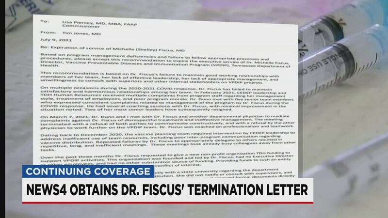 A copy of the termination letter sent to Dr. Michelle Fiscus by the Tennessee Department of...