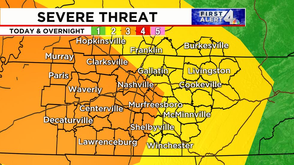 The areas with the greatest chance for severe storms will be west of I-65.