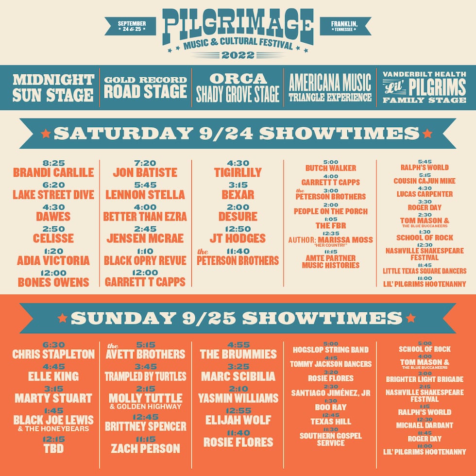 The schedule for the 2022 Pilgrimage Music and Cultural Festival.