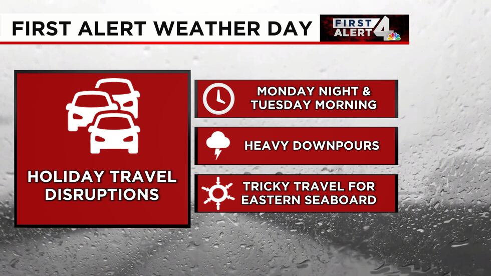 Heavy rain will impact travel Monday night and early Tuesday.