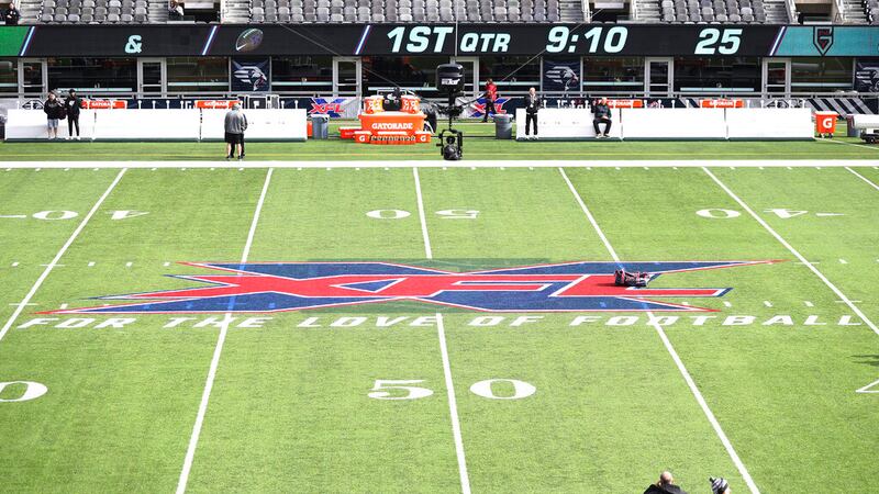 A general view of the XFL logo on the field before an XFL football game between the Tampa Bay...