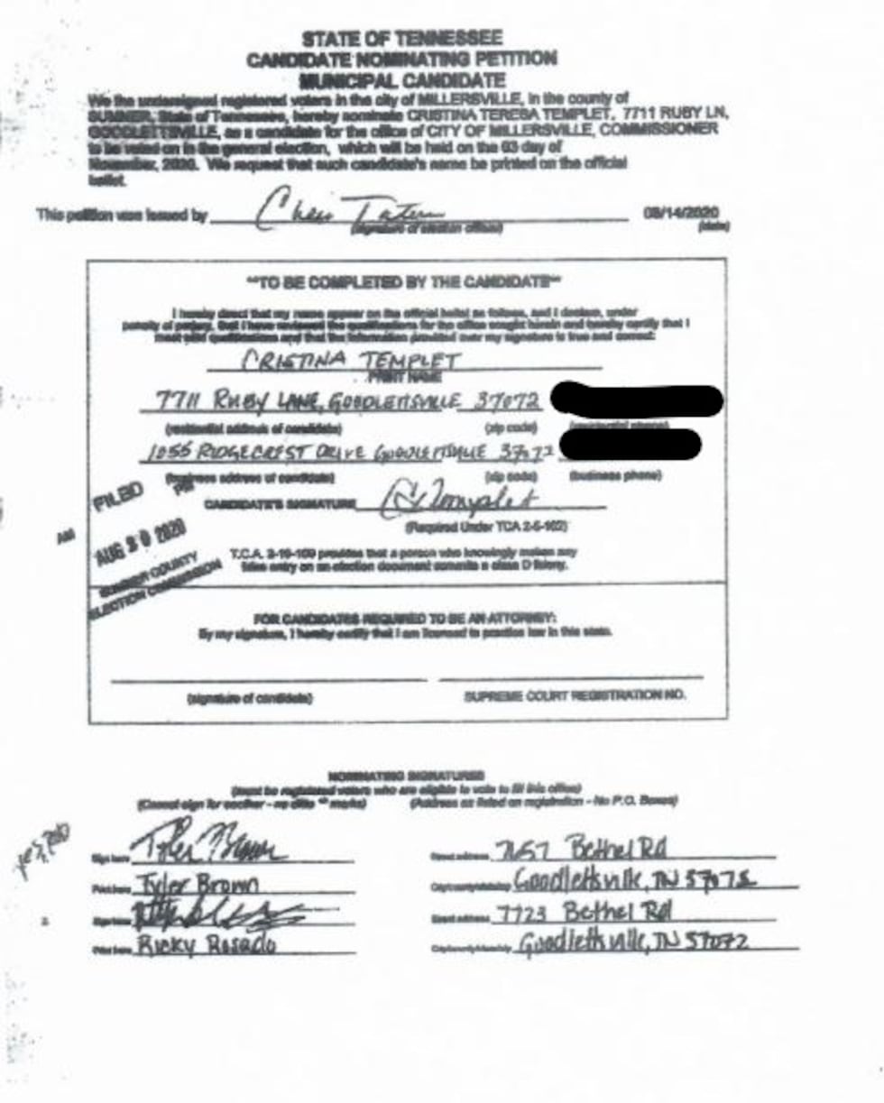 Millersville mayor claims Templet was not living at address on election paperwork when she ran...