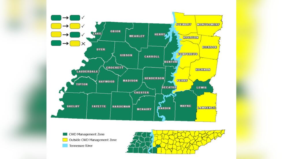 The Chronic Wasting Disease Management Zone in Tennessee as of Nov. 20, 2023.